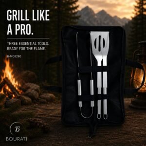 BOURATI Barbecue Tool Set displayed beside an outdoor fire