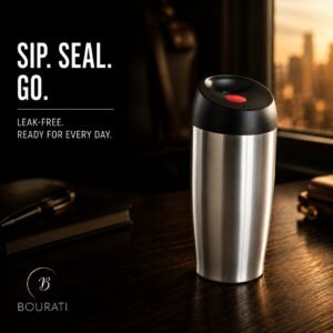 BOURATI Travel Cup 350ml in stainless steel with black lid