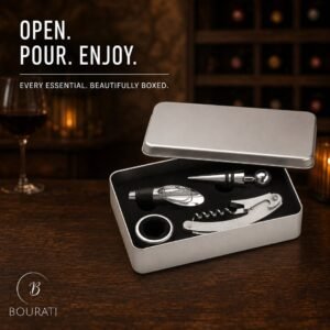 BOURATI Wine Set in an open matt silver tin box