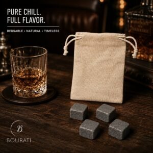 BOURATI Whiskey Stones Set beside a chilled whiskey glass