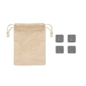 Four reusable drink-cooling stones displayed outside their pouch
