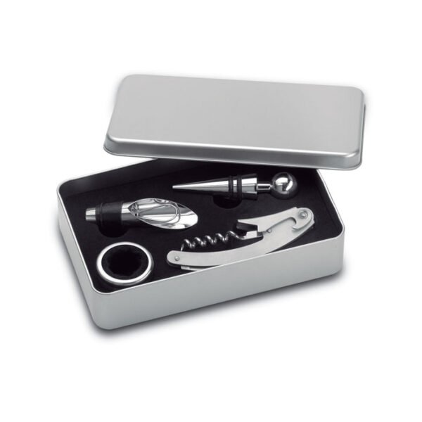 Open tin box with bottle opener, stopper, pourer and anti-drip ring