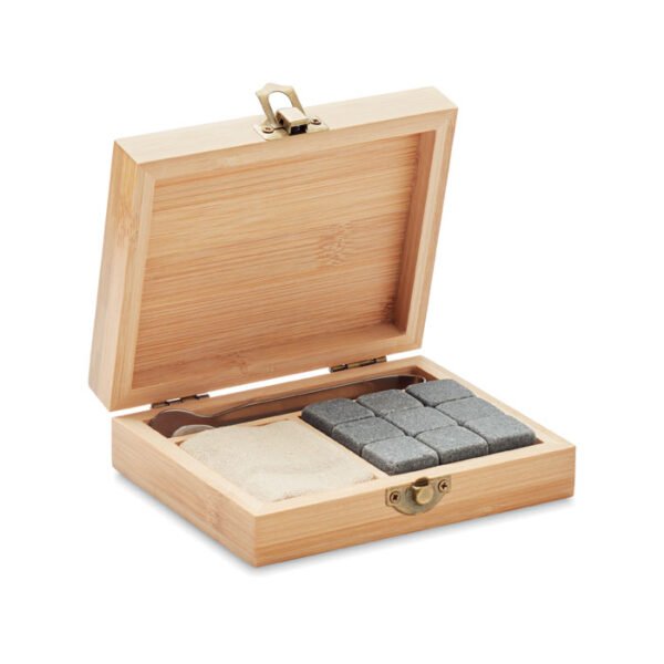 Reusable stone ice cubes arranged in a natural bamboo box
