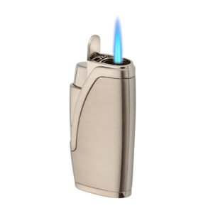 “Close-up of Pierre Cardin silver double-jet lighter with built-in punch”