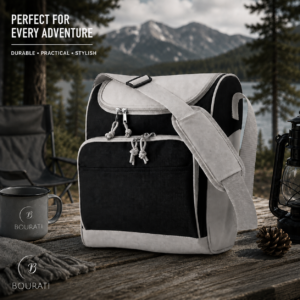 BOURATI 13L Cooler Bag in black and grey with front pocket