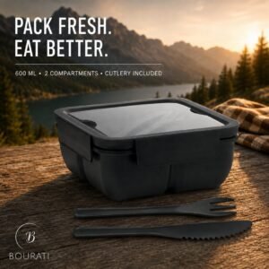 BOURATI 2-Compartment Lunchbox in black with cutlery