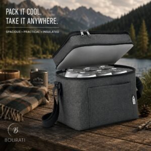 BOURATI Dual Compartment Cooler open beside a mountain lake