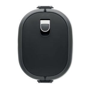 Top view of black lunch container with microwave vent cover