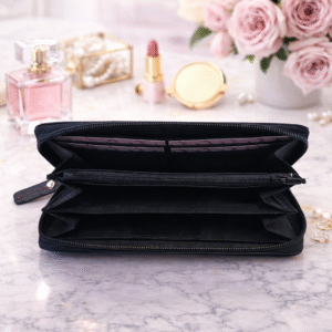 BOURATI women’s wallet in black Italian leather with multiple slots.