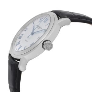 Raymond Weil Maestro Automatic Men’s Watch showing crown logo, silver case, and black leather strap