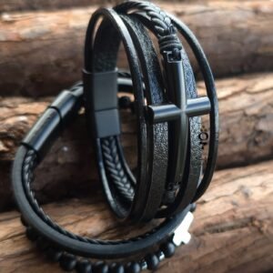Black multi-layer leather men’s bracelet with matte black cross and braided straps