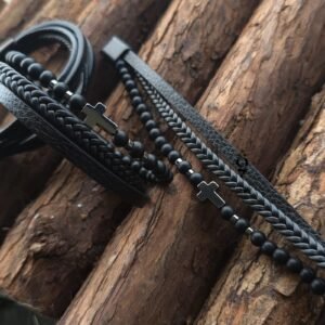 Stylish men’s bracelet with leather, beads, and cross detail